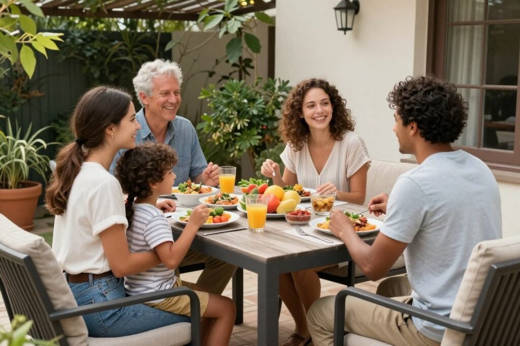 Family enjoying a meal at an outdoor dining table