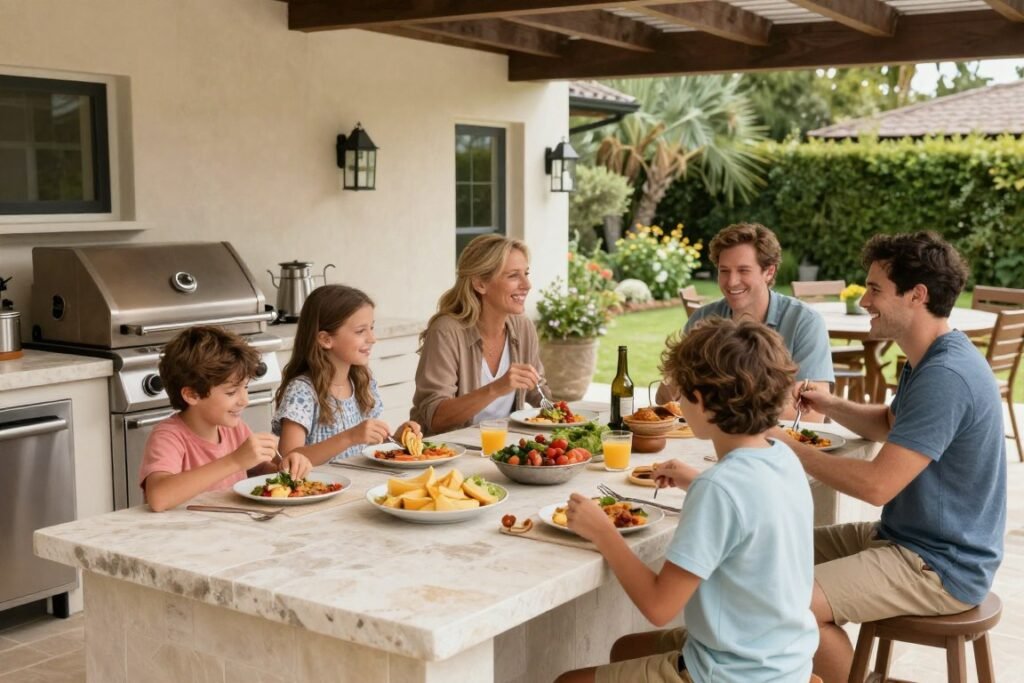Family enjoying a meal at their backyard kitchen with built-in grill and dining area