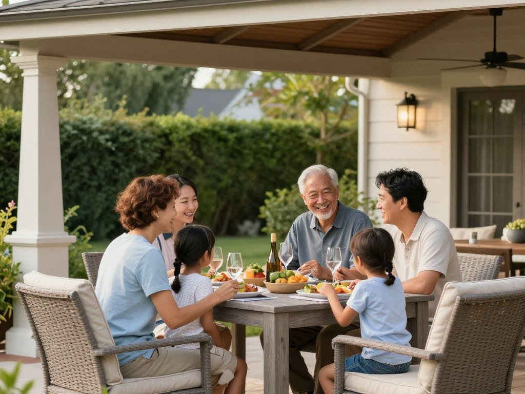 Family enjoying dinner under a backyard pavilion