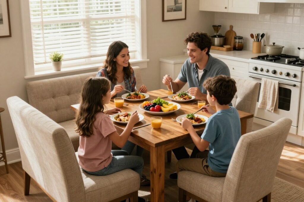 Family enjoying meal at a comfortable dining booth in home