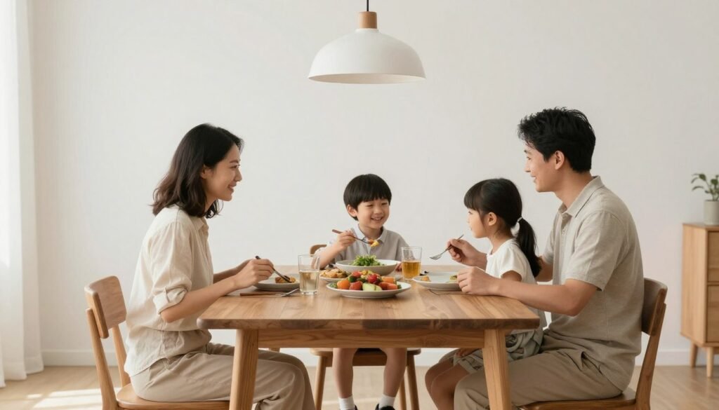 Family enjoying meal in minimalist dining room Family enjoying meal in minimalist dining room