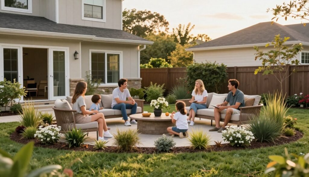 Family enjoying their beautifully landscaped front yard