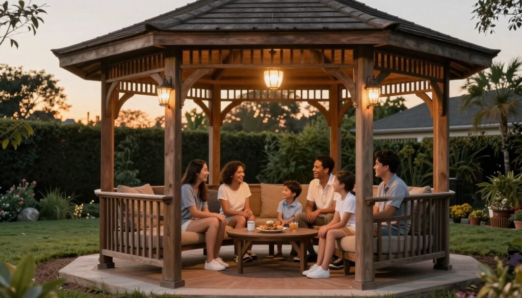 Family enjoying time together in a beautifully designed backyard gazebo at sunset