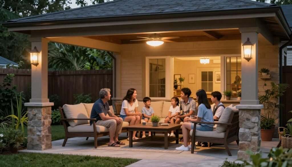 Family enjoying time together in a beautifully designed backyard pavilion