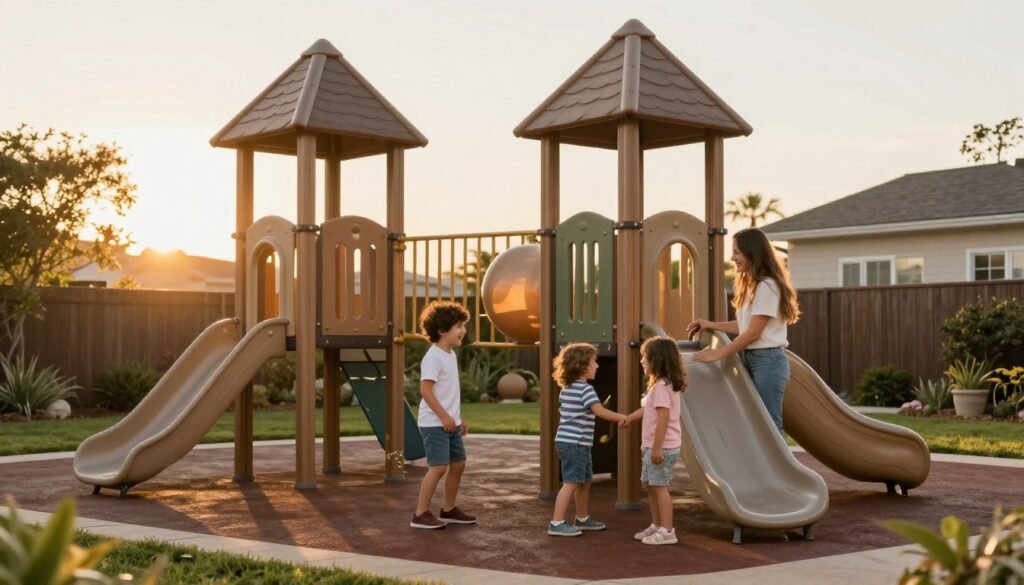 Family enjoying time together in their backyard play area for kids at sunset