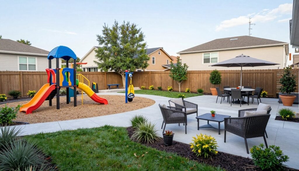 Family-friendly backyard landscaping designs layout with play area and seating