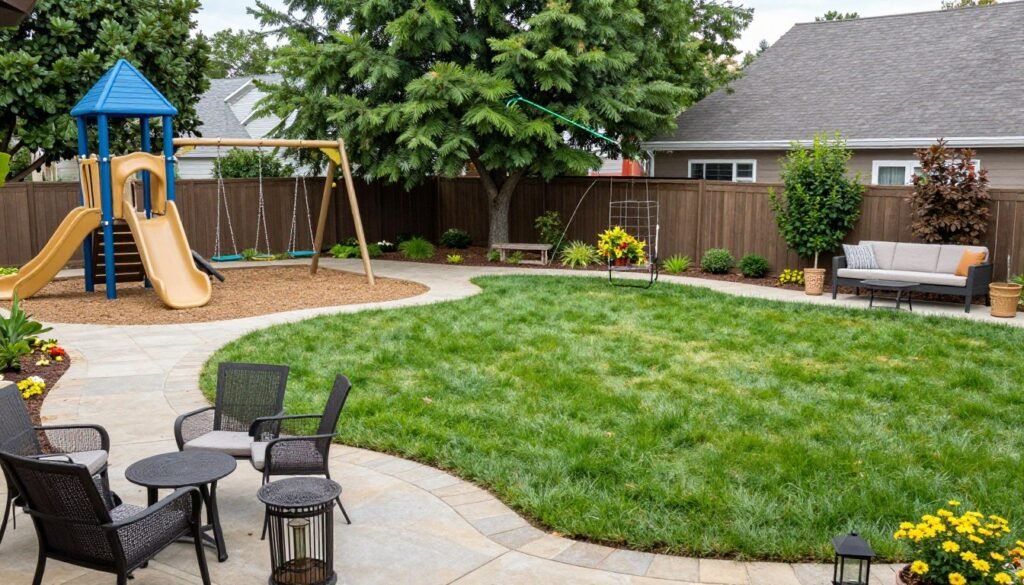 Family-friendly backyard with play area, comfortable seating for adults, and versatile open space