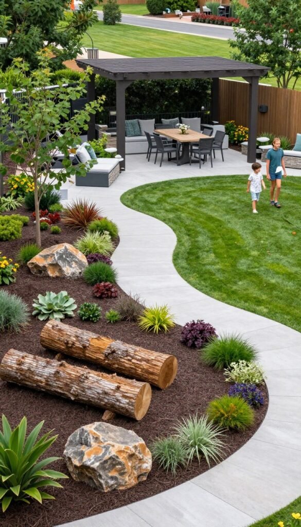 Family-friendly backyard with play area, dining space, and comfortable seating zones