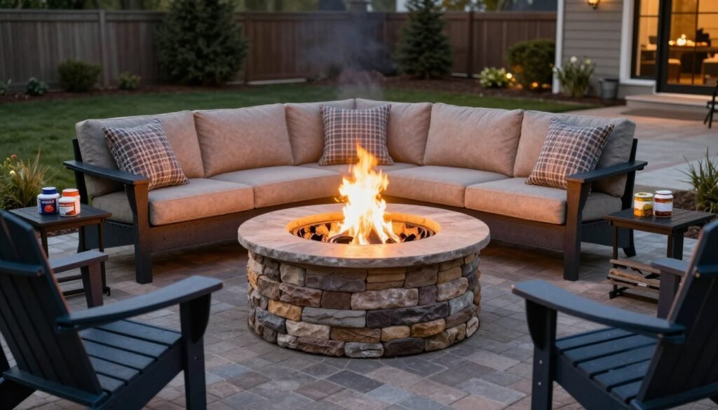 Family-friendly fire pit area with wide stone surround, comfortable seating, and s'mores supplies on a side table