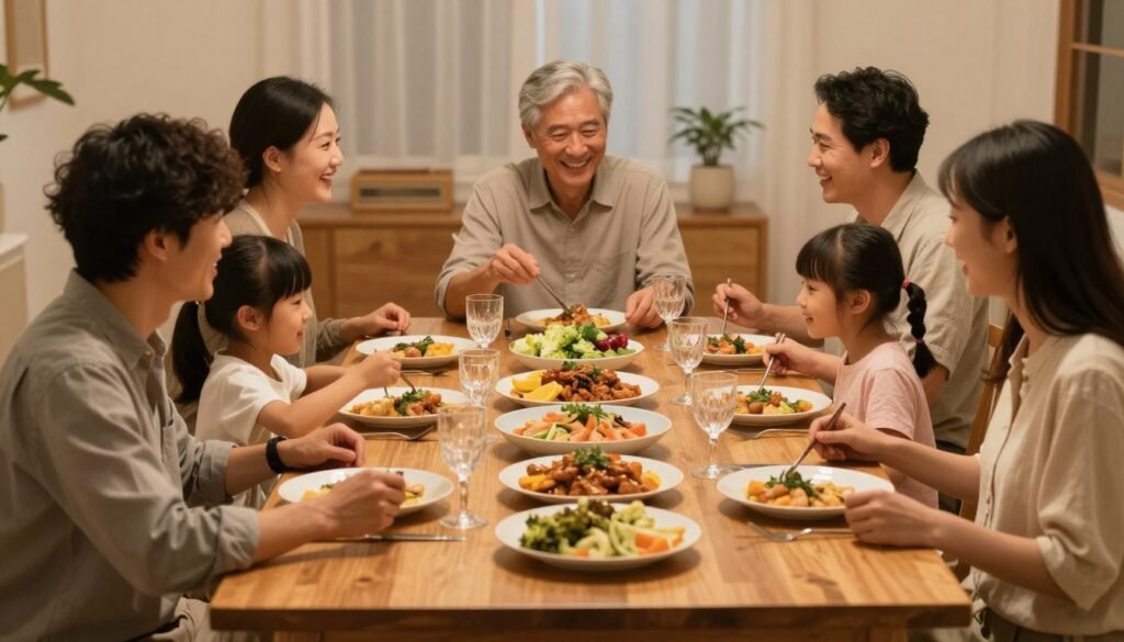 Family gathered around a dining table enjoying a meal together in a beautifully styled dining room