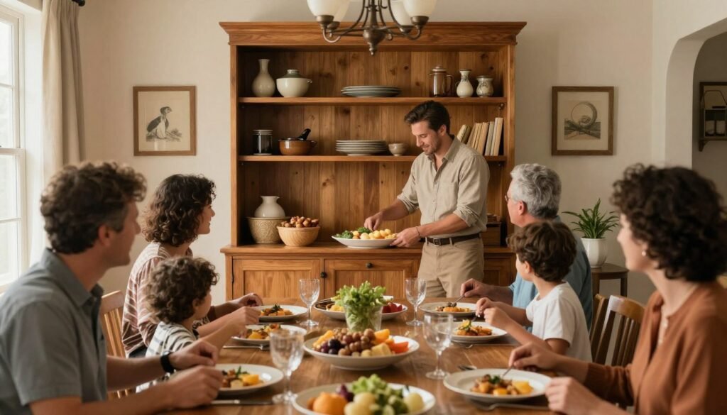 Family gathering around dining table with elegant built-in buffet cabinet in background