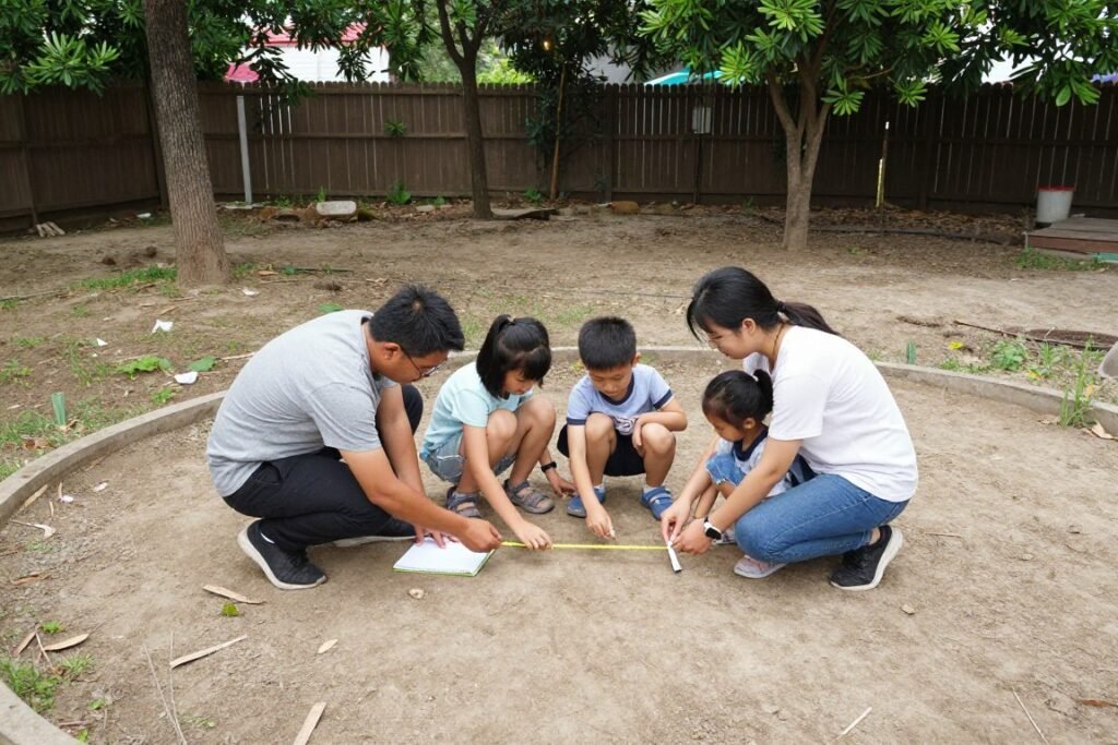 Family measuring and planning a backyard play area for kids with tape measure and notebook