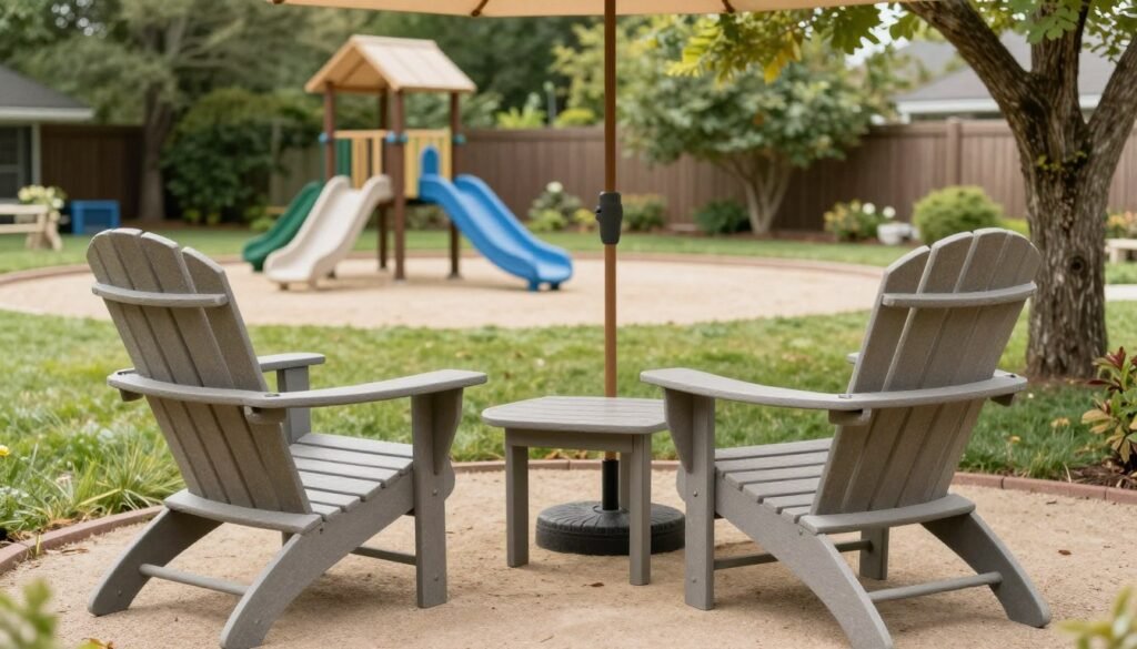 Family seating area overlooking a backyard play area for kids with comfortable chairs and shade