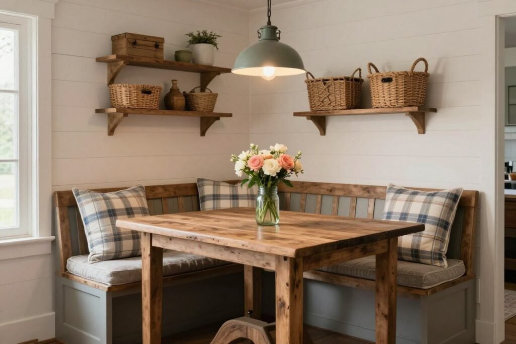 Farmhouse dining nook with distressed wood table, built-in bench with plaid cushions, vintage accessories, and warm lighting creating a rustic, cozy atmosphere