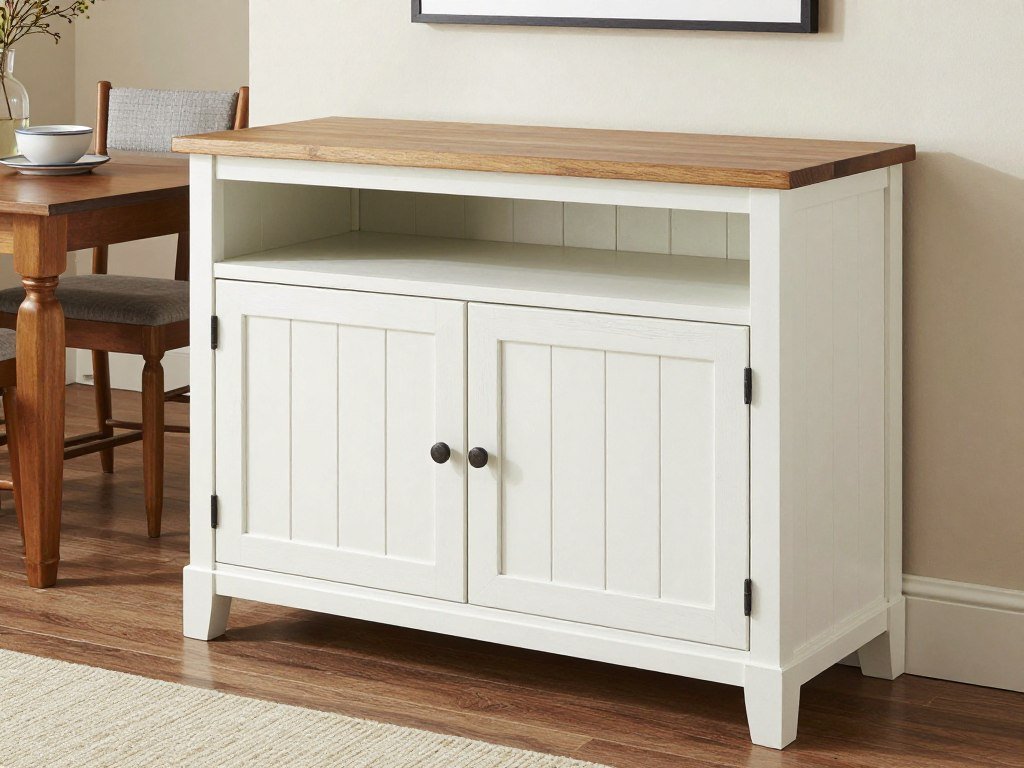 Farmhouse dining room cabinet with distressed finish and rustic hardware Farmhouse dining room cabinet with distressed finish and rustic hardware