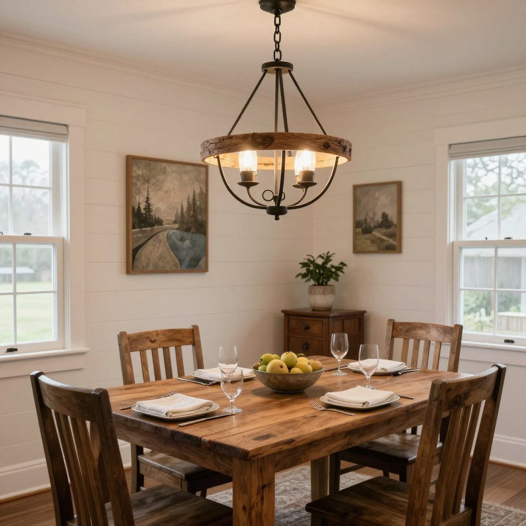 Farmhouse dining room with rustic wood and iron chandelier