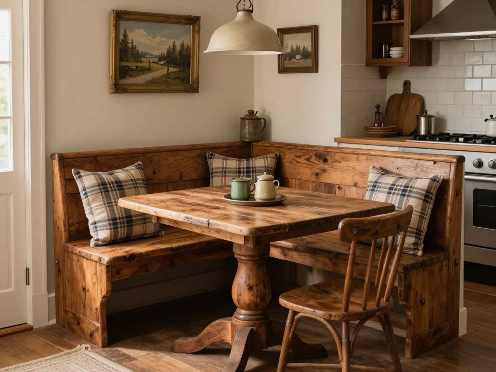 Farmhouse style dining banquette bench with wooden details and plaid cushions