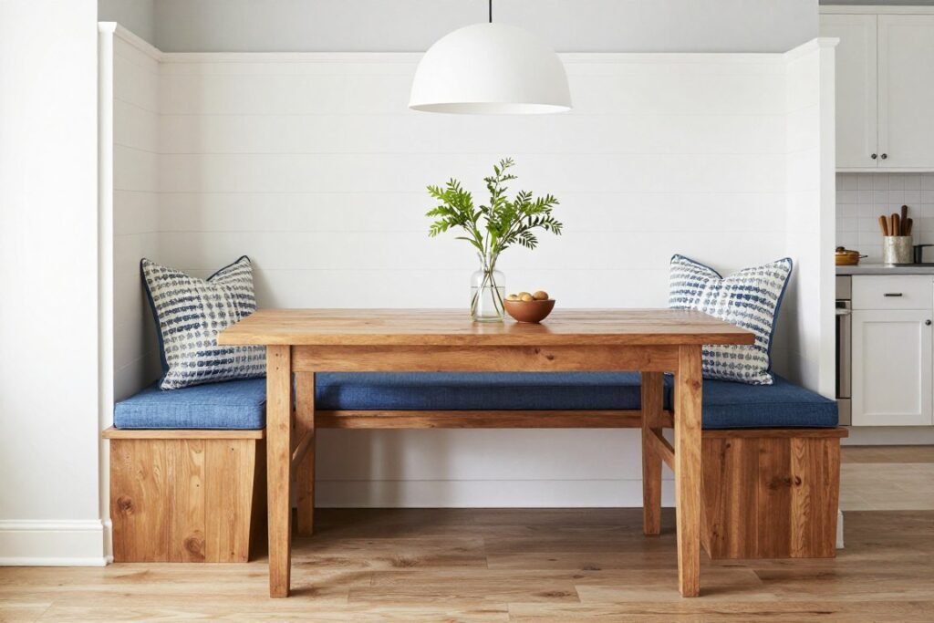 Farmhouse style dining booth with shiplap backing