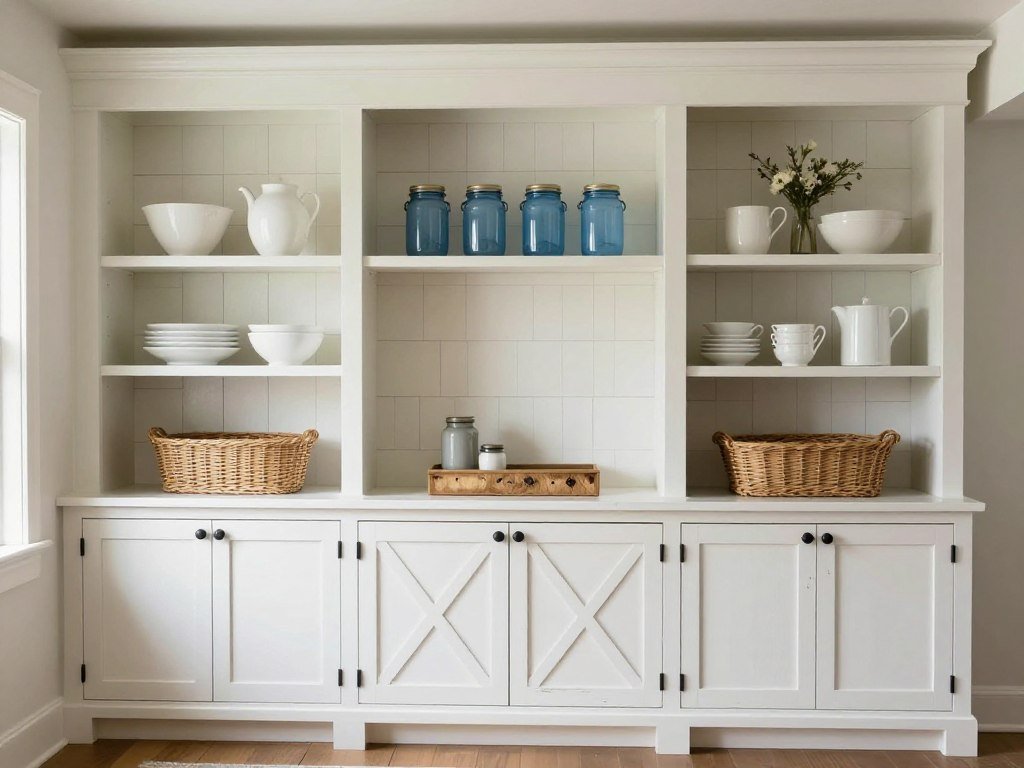 Farmhouse style dining room built ins with shiplap backing and X-pattern details