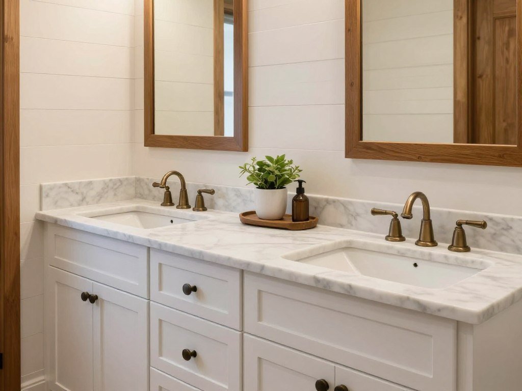 Farmhouse style double vanity with shaker cabinets and vintage fixtures