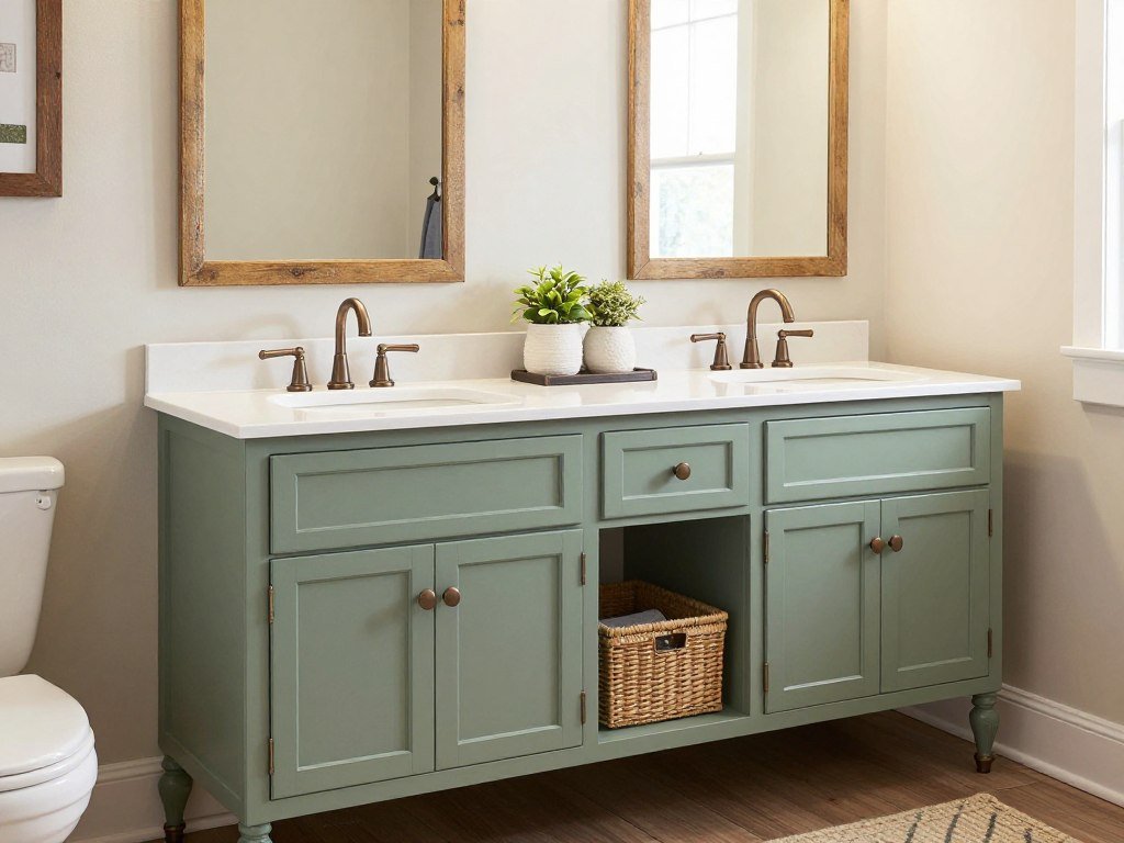 Farmhouse style master bath vanity with shaker cabinets and vintage fixtures