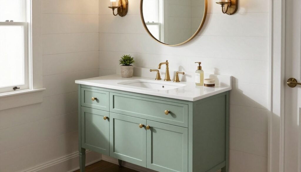 Farmhouse style single sink master bath vanity with shaker cabinets