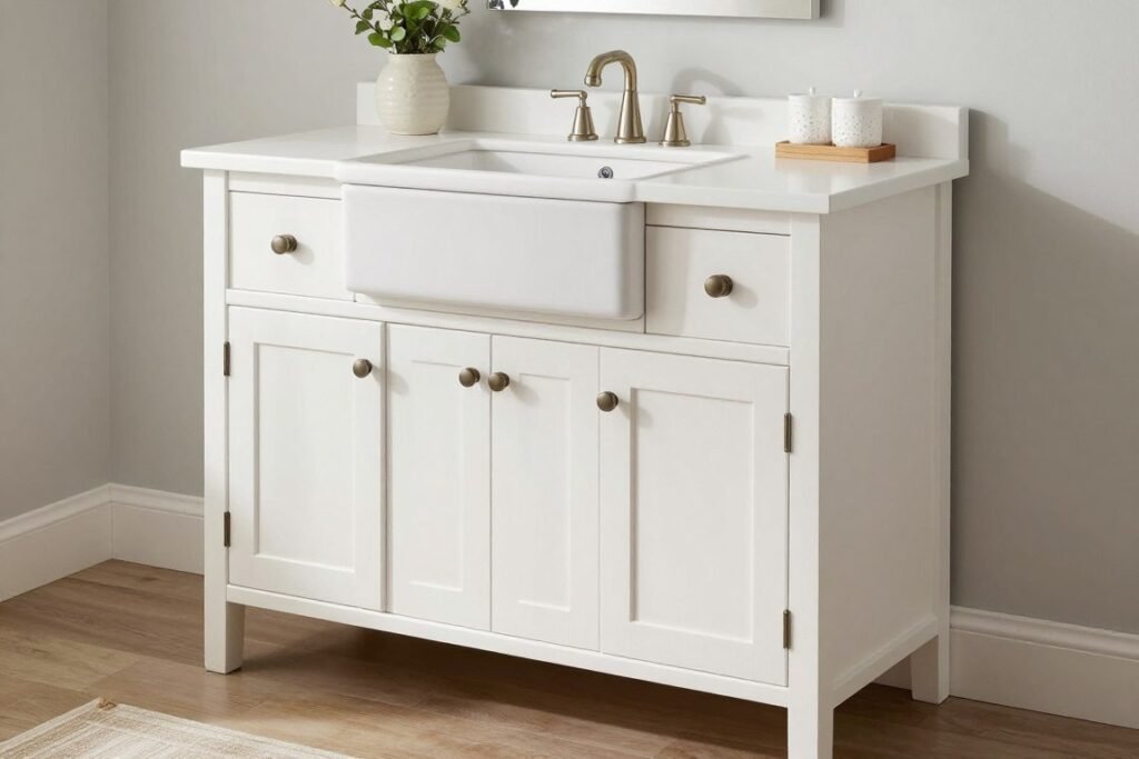 Farmhouse style white vanity with shaker cabinets and vintage hardware