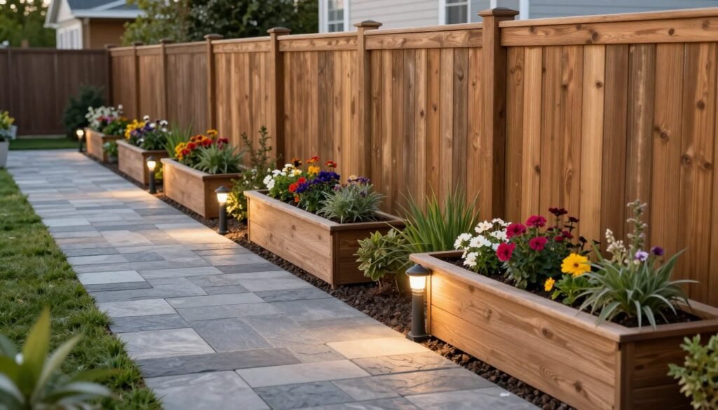 Fence line with decorative stone pathway, garden lighting, and raised planter beds creating visual interest