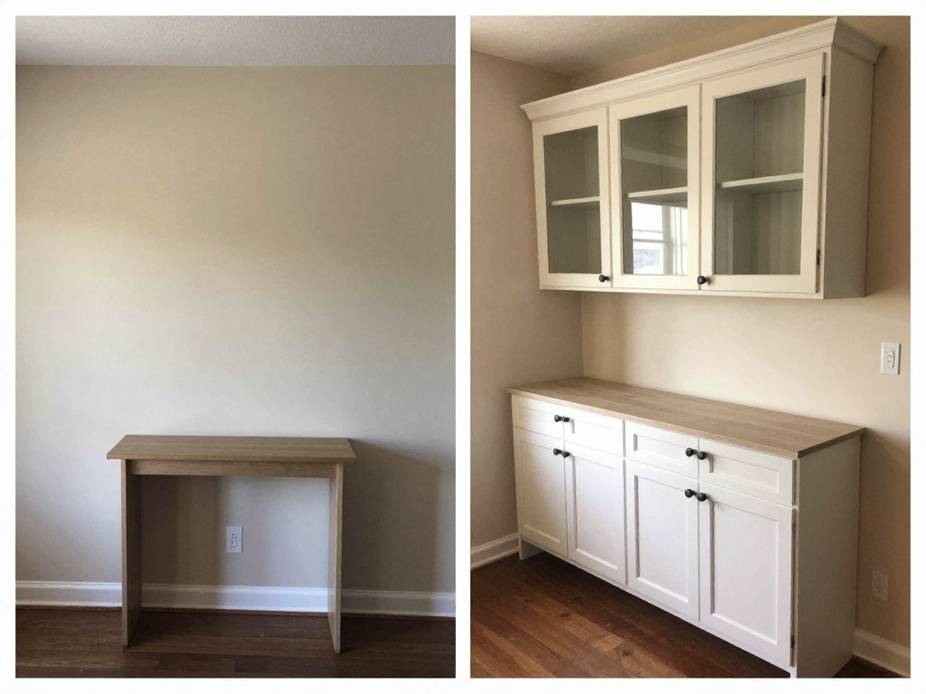 Finished DIY dining room cabinets built in buffet with before and after comparison