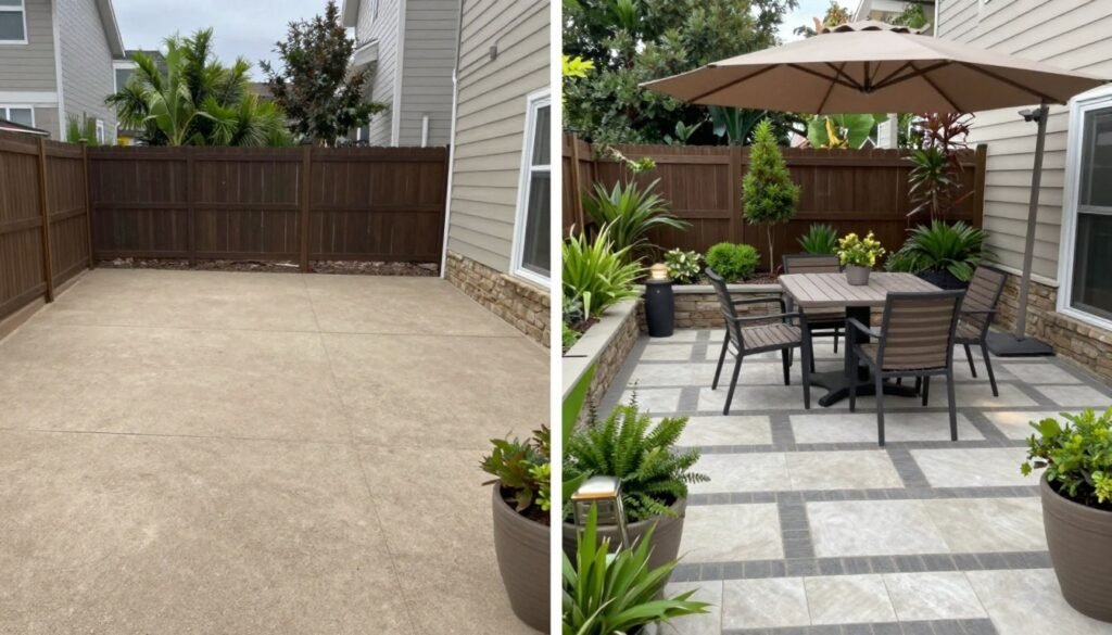 Finished backyard patio transformation showing before and after with dramatic improvement