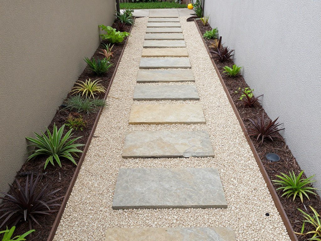 Finished gravel and stepping stone pathway in a side yard Finished gravel and stepping stone pathway in a side yard