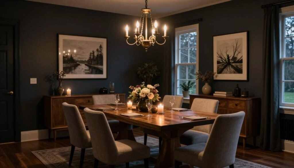 Finished moody dining room with all elements combined - dark walls, statement lighting, rich textures, and thoughtful accessories