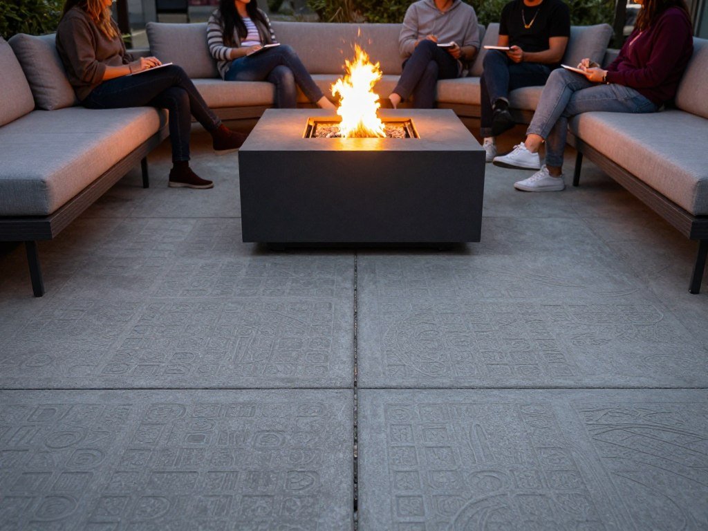 Fire feature creating focal point on stamped concrete patio Fire feature creating focal point on stamped concrete patio