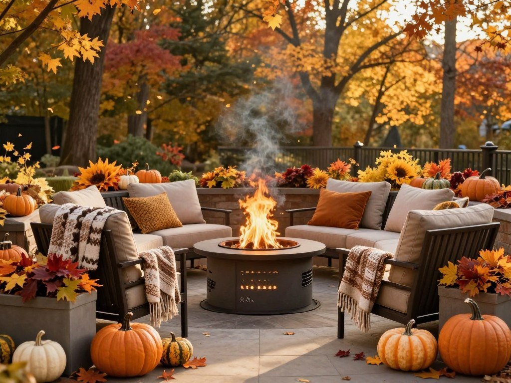 Fire pit area in autumn with fall foliage, cozy blankets, and seasonal decorative elements