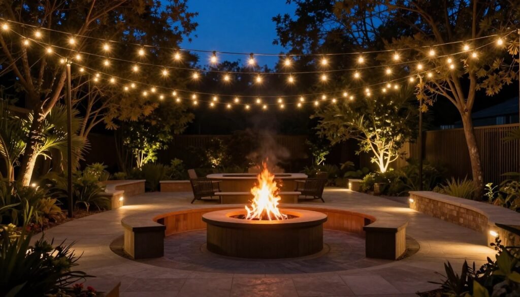 Fire pit area with string lights overhead, pathway lighting, and landscaping lights creating a magical evening atmosphere