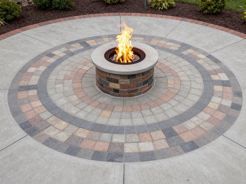 Fire pit centered on a circular paver patio with different colored pavers creating a pattern