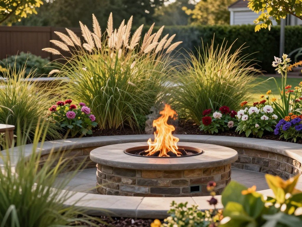 Fire pit surrounded by thoughtful landscaping with ornamental grasses, flowering perennials, and container plants