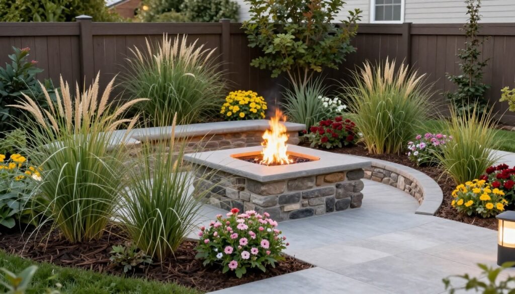 Fire pit surrounded by thoughtful landscaping with plants, lighting, and pathways