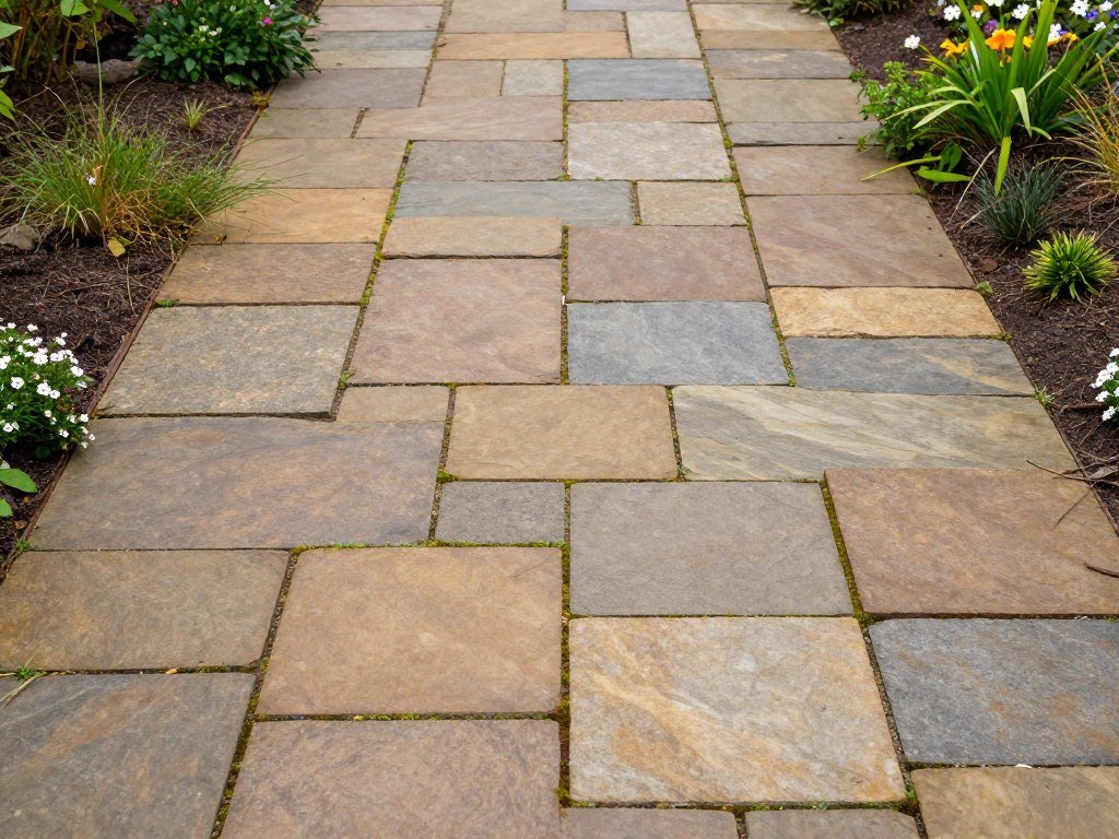 Flat flagstone pavers creating a natural stone pathway through a garden