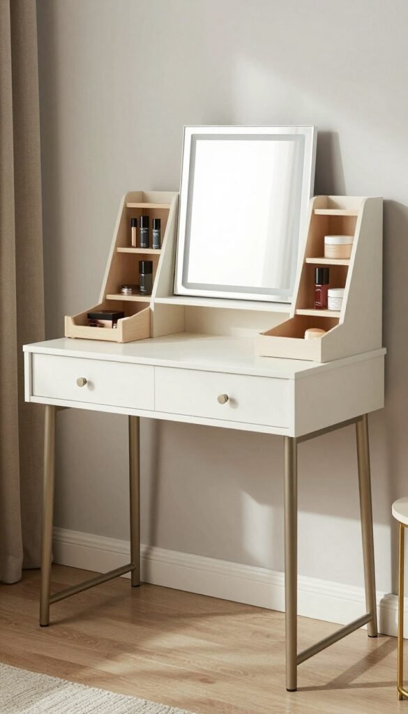 Flip-top desk and vanity combo showing both open and closed configurations