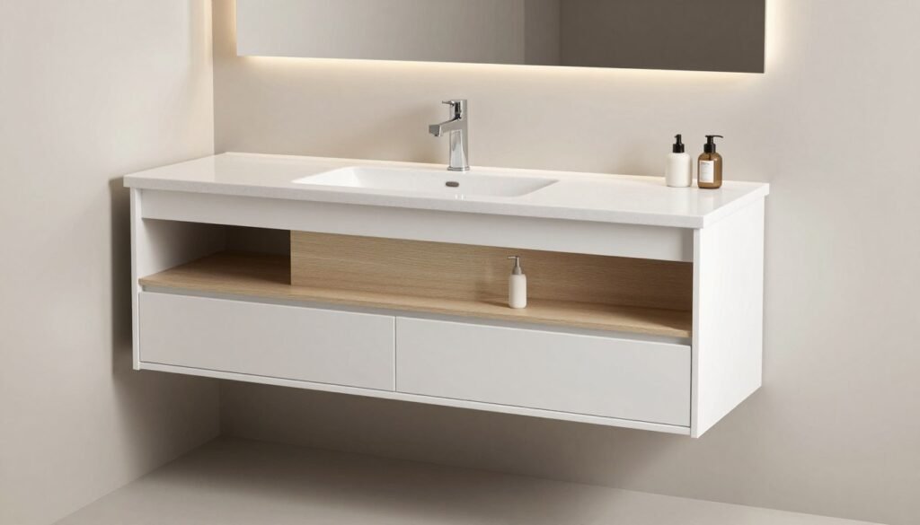 Floating bathroom vanity with clean lines and ample storage in a modern bathroom