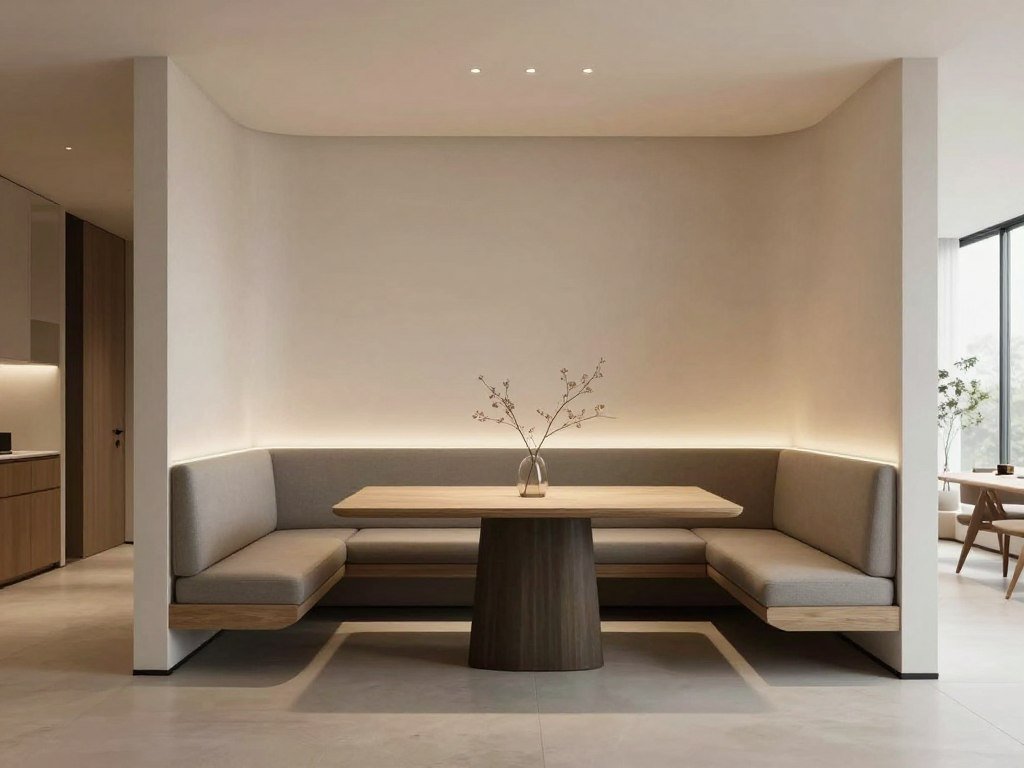 Floating dining banquette bench in an open concept space defining the dining area