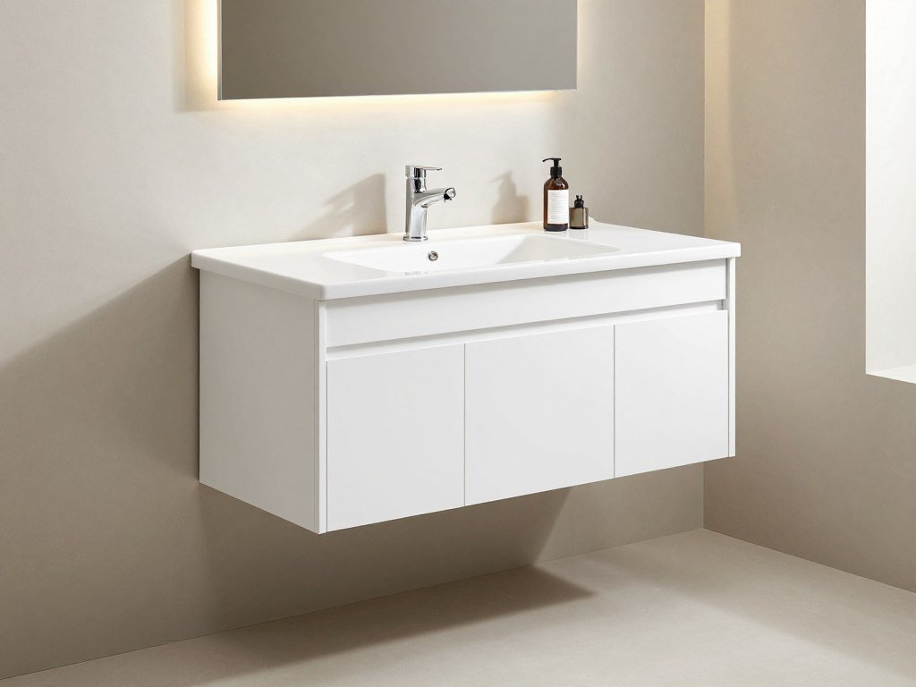 Floating vanity bathroom installed at custom height for accessibility