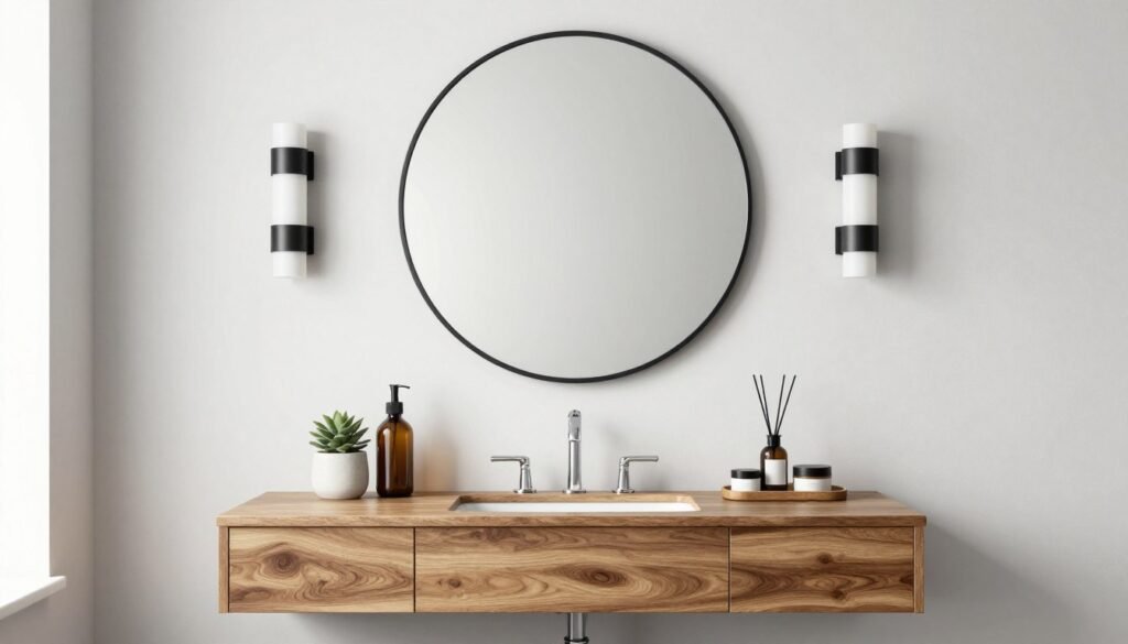 Floating vanity paired with a statement round mirror and sconce lighting