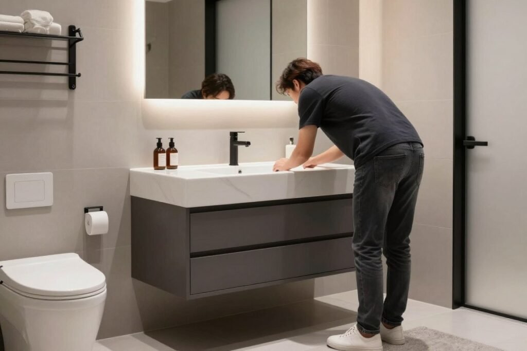 Floating vanity with customized height installation showing ergonomic benefits