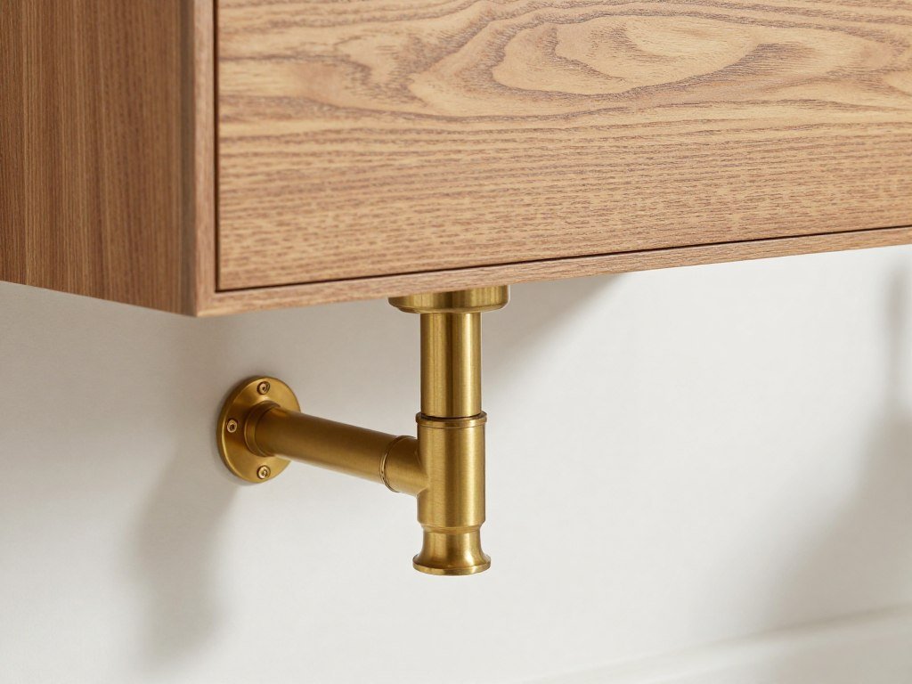 Floating vanity with decorative exposed plumbing in brass finish