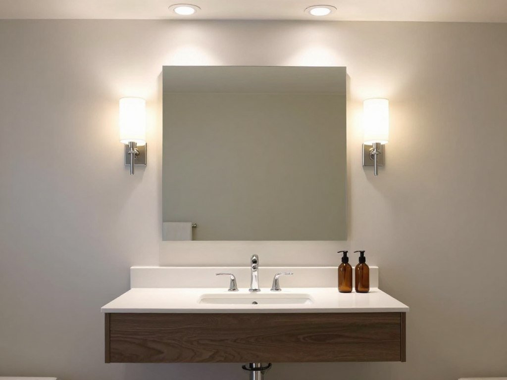 Floating vanity with perfect lighting combination of sconces and overhead lighting