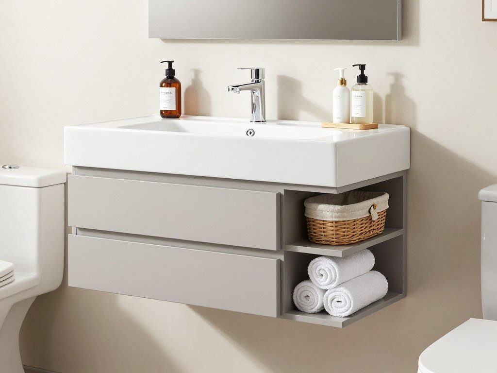 Floating vanity with smart storage solutions including drawers and open shelving