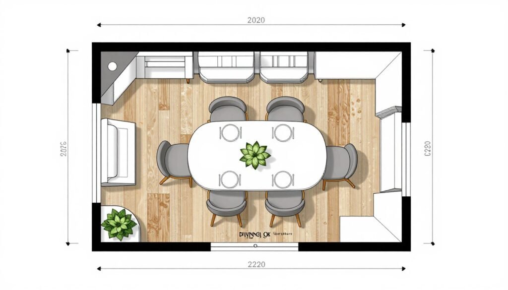 Floor plan layout showing dining nook measurements and furniture placement options with notes about traffic flow and space requirements