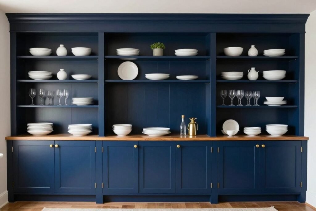 Floor-to-ceiling dining room built ins with closed cabinets below and display shelving above